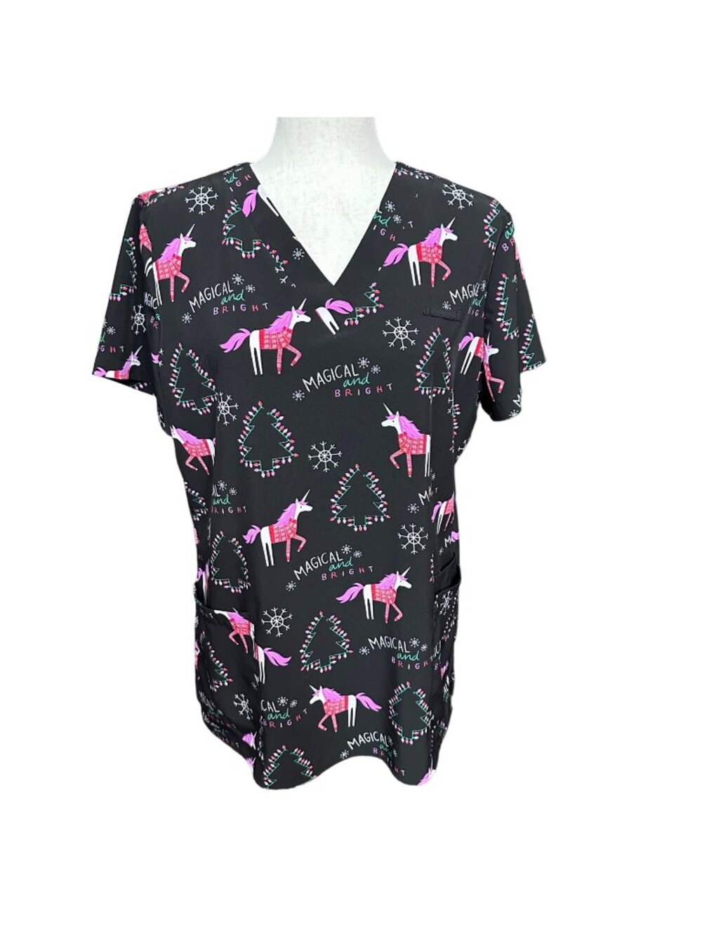 White Cross Scrubs Women M Black Shirt V Neck Magical & Bright Christmas Unicorn